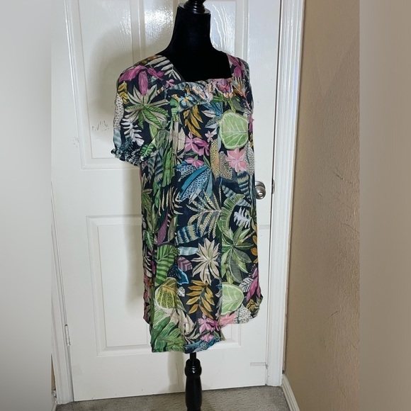 Johnny Was Workshop Tropical Puff Sleeve Tunic Dress in Green Multicolor XS - Picture 9 of 12
